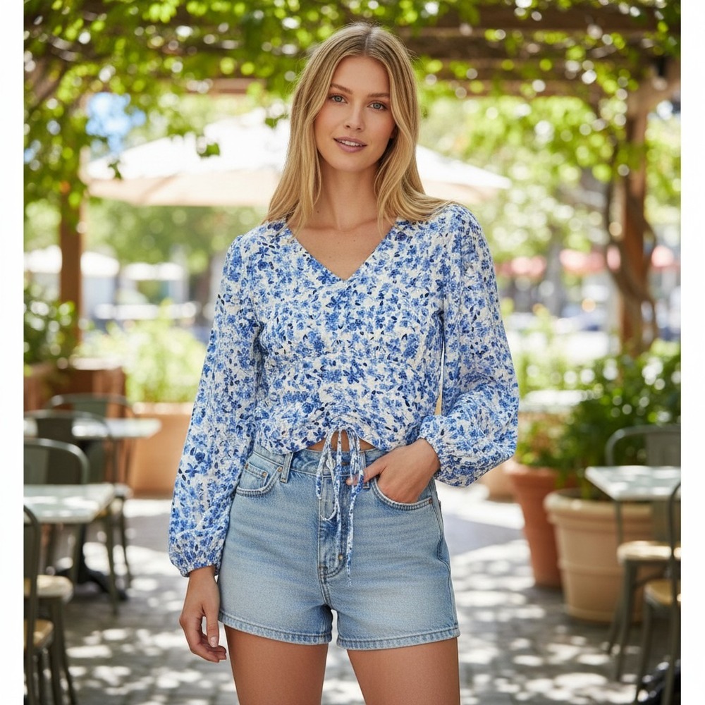 H&M Blue White Floral V-Neck Smocked Back Drawstring Waist Blouse Small